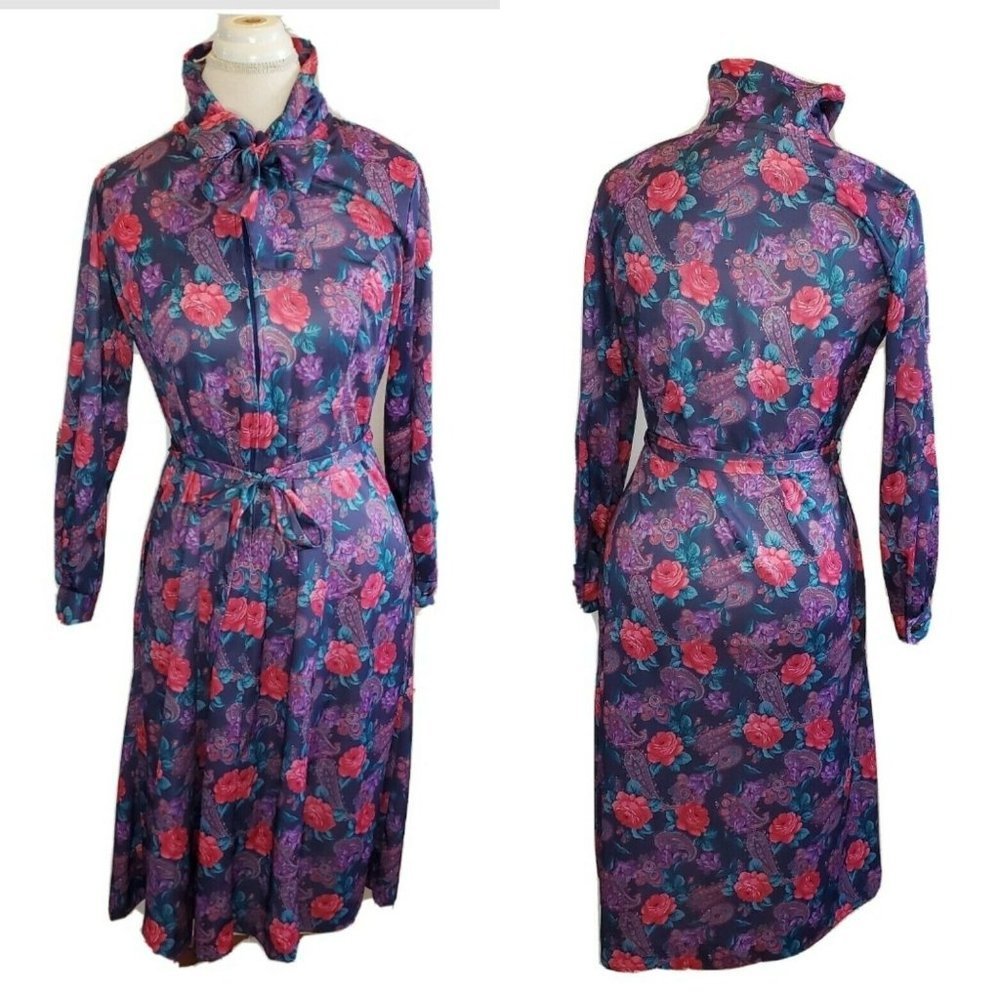 Vintage Floral Midi Secretary Dress Roses 6 8